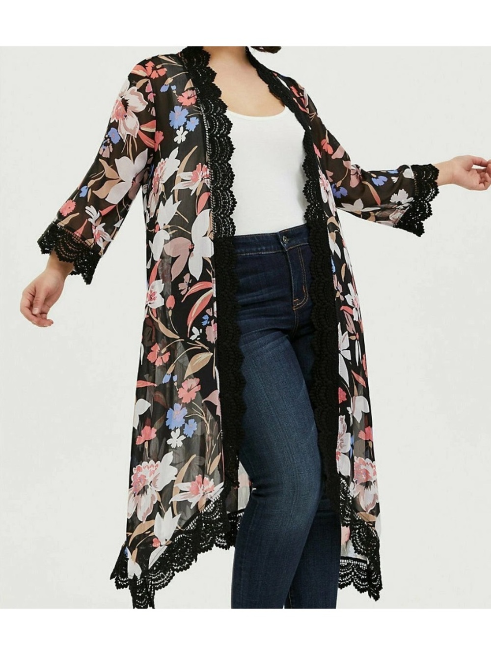 Torrid Floral Lace-Trim Sheer Kimono Duster - Black Floral sz 1X - Picture 1 of 16